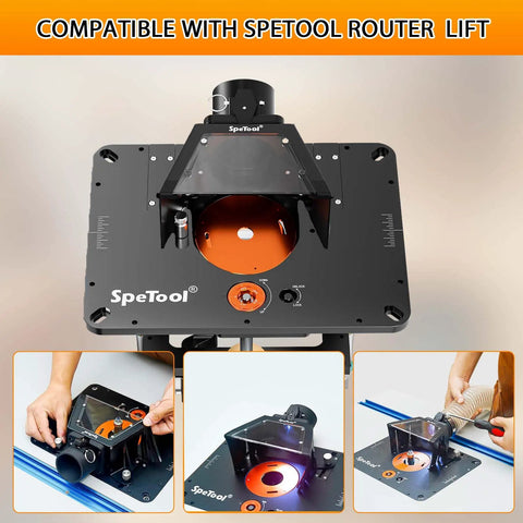 Dust Collection System For Router Lift With Clear Acrylic Top And LED Light installed on router lift