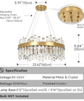 Golden crystal ceiling light fixture with adjustable hanging chain, specifications displayed including dimensions and bulb sockets.