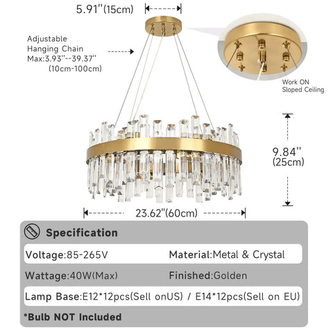 Golden crystal ceiling light fixture with adjustable hanging chain, specifications displayed including dimensions and bulb sockets.