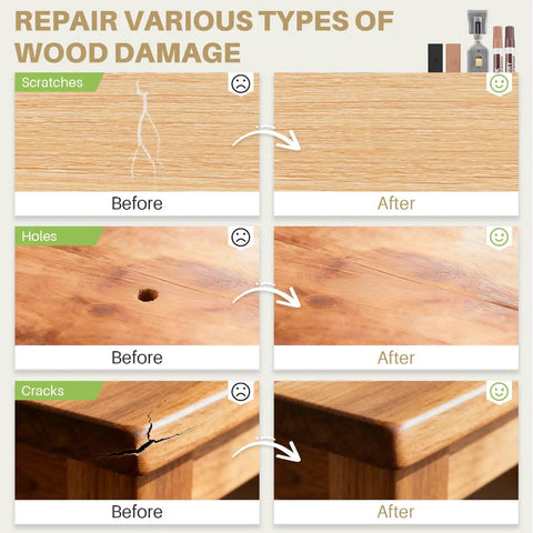 Comparison of wood before and after using All In One Vinyl Floor Repair Kit For Laminate Hardwood And Linoleum Quick Wax Fix.