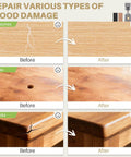 Side-by-side comparison of wood damage before and after using the 22 Piece No Sweat Wood Floor Repair Kit With Heat Pen Touch Ups.