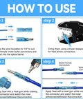 Step-by-step guide on using 120 Piece Heat Shrink Bullet Wire Connectors Kit 22 10AWG with a crimping tool and heat gun.