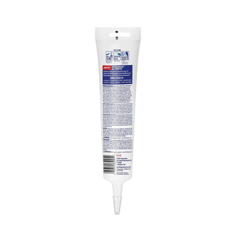 Back view of All Purpose Adhesive Caulk Squeeze Tube White Sealant for DIY projects indoors and outdoors, with instructions visible