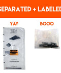 Lag bolt TV mounting kit; two labeled bags YAY (screws, washers, drill bits) and BOO (bolts, anchors).