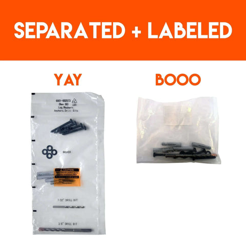 Lag bolt TV mounting kit; two labeled bags YAY (screws, washers, drill bits) and BOO (bolts, anchors).