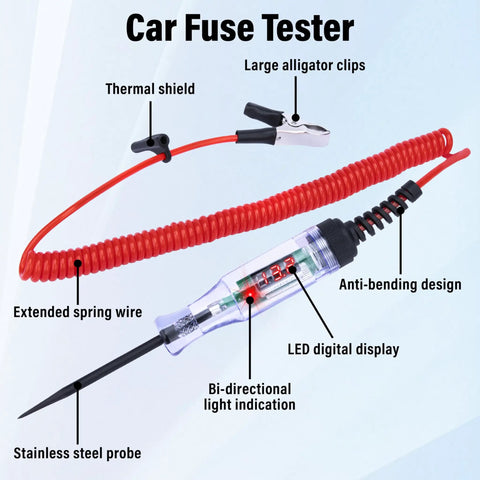 5-90V DC Automotive Test Light With LED Voltmeter Real Time Digital Voltage Display For Quick Auto Electrical Checks Killer Readouts Day Or Night Diagnostics, red coiled wire and stainless steel probe