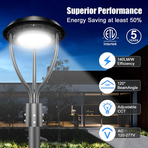 80W LED Post Top Light With Photocell, Adjustable CCT 3000K 4000K 5000K, 120 Degree Beam, 8400LM Outdoor Pole Light at night