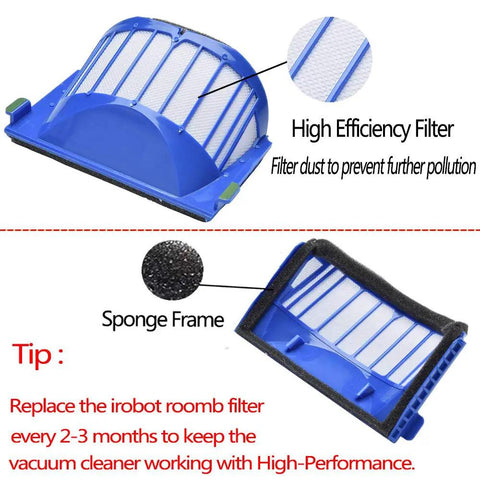 Blue high efficiency filter from All-In-One Replacement Parts Kit For Roomba 600 And 500 Series Vacuum Cleaners with frame