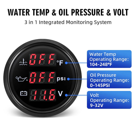 MAIMEIMI 52mm 3-in-1 car gauge: round black dial displaying water temp, oil pressure, and volt readings