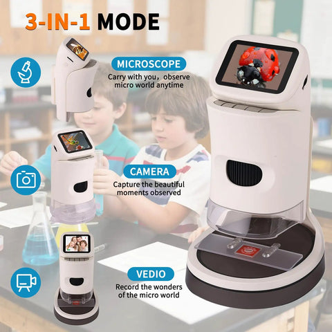 Kid Friendly Digital Microscope With Four Magnification Levels 100x, 400x, 700x, 1000x, 1080P 2 Inch HD Screen, Photo And Video Capture, USB Rechargeable, Ideal Science Toy For Curious Kids Aged 8 To 12 displayed in 3-in-1 mode