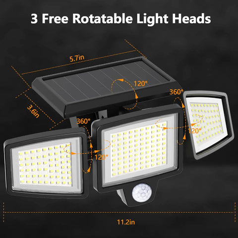 Outdoor Solar Flood Lights 210 LED 2500LM Three Head Motion Sensor with Remote Control, diagram showing dimensions and angles.