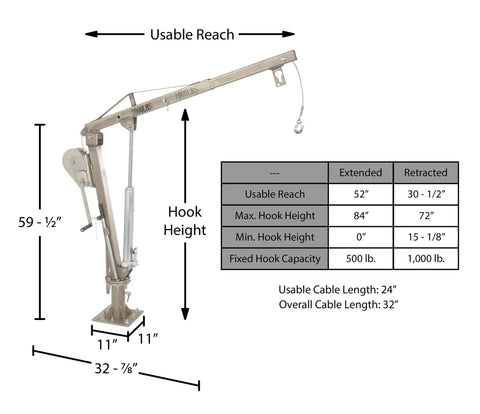 Straight Up Built Tough Stainless Steel Winch Truck Jib Crane With Telescoping Boom dimensions and specifications diagram.
