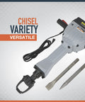 Heavy Duty Breaker Hammer Kit With Cart 15 Amp Motor 110V Power Smashes Concrete Like A Champ Anti Vibration rubber handles and chisels.