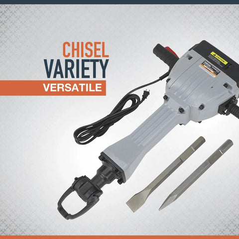 Heavy Duty Breaker Hammer Kit With Cart 15 Amp Motor 110V Power Smashes Concrete Like A Champ Anti Vibration rubber handles and chisels.