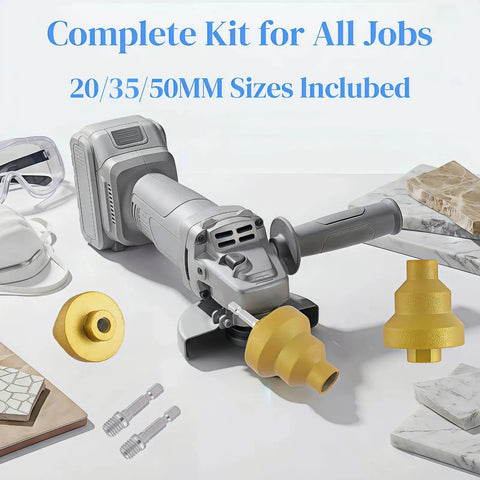 Diamond Step Drill Bit Set With M10 Thread, 20mm 35mm 50mm Three Stage Hole Opener For Tile Concrete Marble Granite Stone shown on angle grinder
