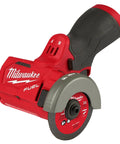 Angled side view of Milwaukee 12V bare-cutoff tool; red body, black grip, gray blade guard, abrasive disc visible