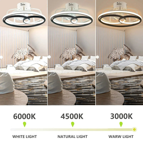 Flush Mount Ceiling Fan With Lights 19.69 Inch in 6000K, 4500K, and 3000K light settings in a bedroom