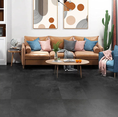 Charcoal Grey Peel And Stick Floor Tiles 12 By 12 Inches Vinyl Waterproof Bathroom Flooring 32 Pack Removable Groutable Easy Install No Tools Needed Sticky Tiles For Laminate Or Linoleum