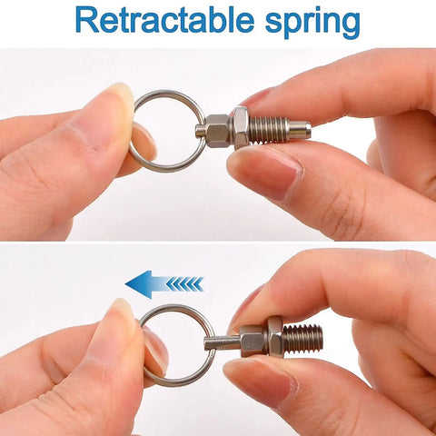 Tough As Nails Stainless Steel Spring Plungers 6 Pack M10 Non Locking Index Pin shown retracting with pull ring.