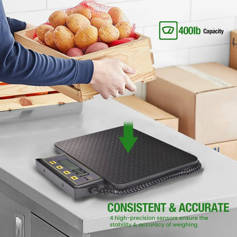 Heavy Duty 400 Pound Digital Receiving Scale With Anti Slip Aluminum Platform For Restaurant And Catering High Accuracy Kitchen Food Scale With Hold Tare Auto Off Dual Unit Kg Lb And Large LCD Display on a counter weighing potatoes in a crate.