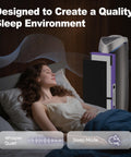 Woman sleeping next to Guardian air purifier with 4 Pack Filter B Pet Replacement, showing filter layers, in a calm environment