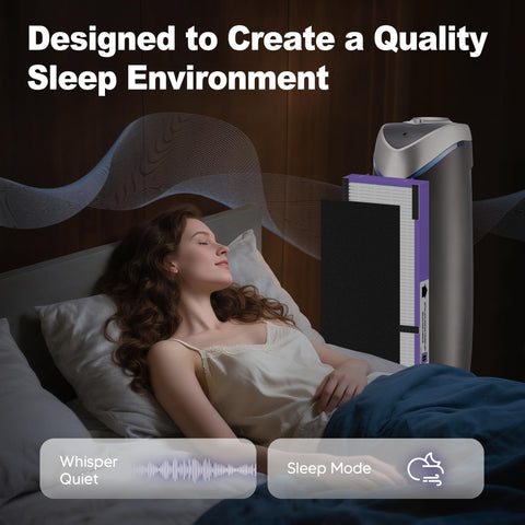 Woman sleeping next to Guardian air purifier with 4 Pack Filter B Pet Replacement, showing filter layers, in a calm environment