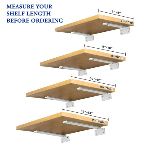 Illustration showing Heavy Duty L Shelf Brackets Built Tough 6 Inch Hidden Mount Corner Wall Shelves Supports One Fifth Inch Thick Metal White 4 Pack For Home DIY Projects Rust Resistant Finish For Long Lasting Use In Any Room holding wooden shelves of various lengths.