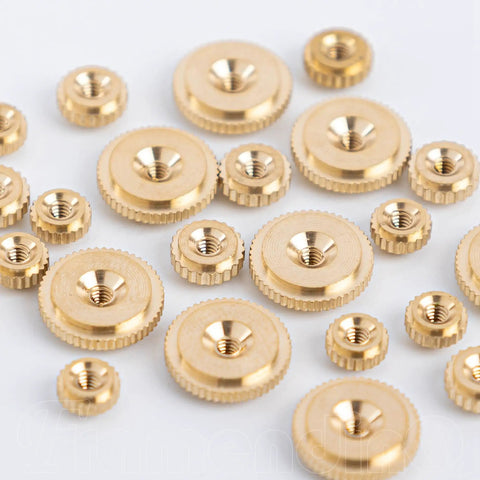 Brass Clock Hand Nut Set 24 Piece Assortment With Outer Diameters 5mm 6mm And 10mm for wall and mantel clocks replacement parts.