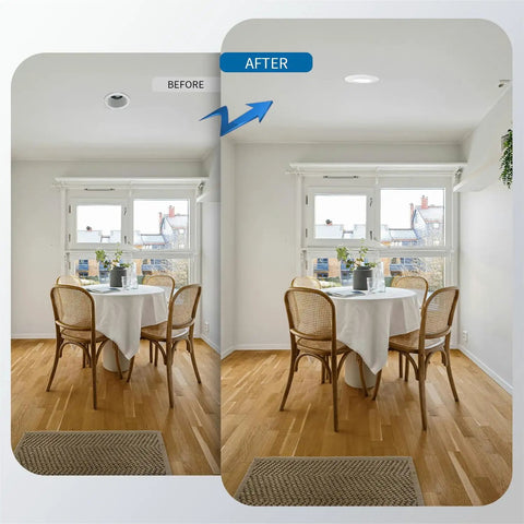 Before and after of 5 to 6 Inch LED Can Light Gimbal Retrofit Recessed Downlight with Adjustable Tilt in dining area