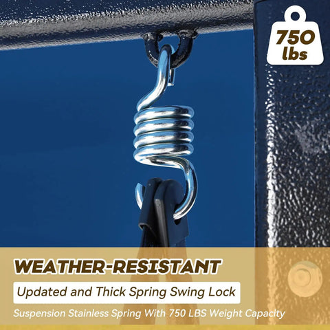 Close-up of a stainless spring swing lock with 750 lbs capacity, part of Three Seat Patio Swing With Textilene Backrest, Two Cup Holders And An Adjustable Canopy For Backyard, Porch Or Garden, Square Tube Frame In Blue, Breathable Waterproof Fabric For Cool Summer Relaxing Vibes