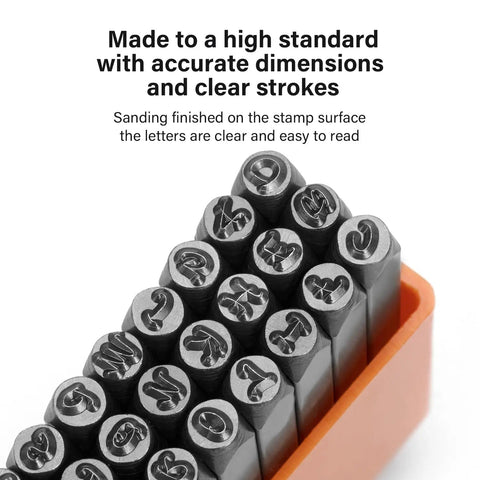Heavy Duty Metal Stamping Kit With 37 Pcs One Eighth Inch Steel Letter And Number Punch Stamps A to Z and 0 to 9 in orange case