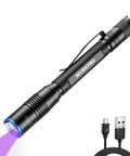 Two In One UV Pen Flashlight With White Light And 395nm Black Light, Zoomable Focus, USB C Rechargeable, shown with charging cable