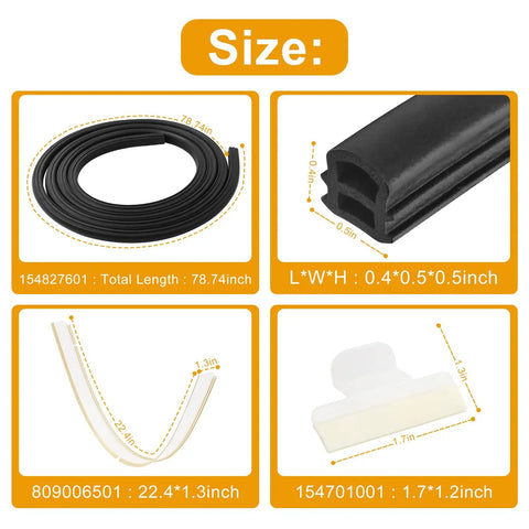 Dishwasher Door Seal Kit Replacement For Frigidaire Kenmore Electrolux And Crosley Includes Door Gasket 154827601, Lower Seal 809006501, Splash Shield 154701001 For A Precise Fit And Quiet, Durable Repair, showing sizes and dimensions.