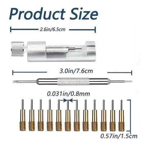 All In One Metal Watch Repair Tool Kit With 51 Pieces Including Band Link Pin Remover and Screwdriver shown with product dimensions
