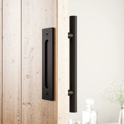 Heavy Duty 12 Inch Pull and Flush Barn Door Handle Set Two-Side Rustic Design for Gates Garages Sheds and Furniture in Solid Stainless Steel Round Silver Finish with No Fuss Install Hardware Included