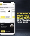 Mobile phone displaying TRX Training Club app schedule for upcoming live fitness classes and user information.