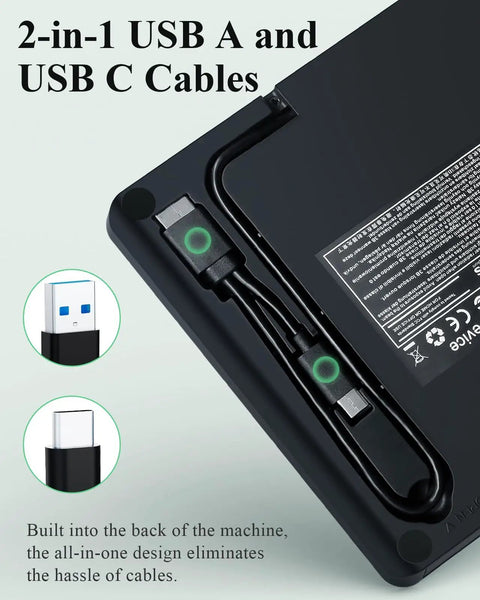 Ultra Slim External CD DVD Drive Type C 3.0, Plug And Play Portable Optical Drive, 13mm Thick, Travel Friendly For Laptops And Desktops, No Power Adapter Needed, Perfect For The On The Go Data And Media. Back view with 2-in-1 USB A and USB C cables