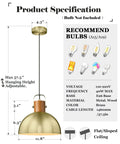 Diagram of Dome Pendant Light With Rubber Wood Stem And Brushed Brass Shade 12 Inch Vintage Industrial Vibe dimensions and specs.