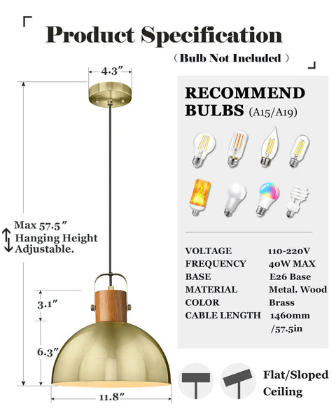 Diagram of Dome Pendant Light With Rubber Wood Stem And Brushed Brass Shade 12 Inch Vintage Industrial Vibe dimensions and specs.