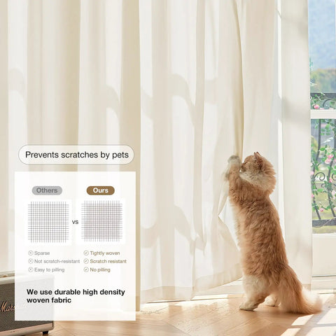 Beige Semi Sheer Privacy Curtains for Living Room and Bedroom, 96 Inch Length Two Panels, cat near curtain, sunlight filtering