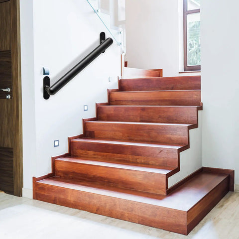 Hardcore 16 Inch Wall Mount Metal Handrail For Stairs Rock Steady Non Slip Safety Grab Bar For Elderly Indoor Outdoor Steel Support Railing With No Sweat Setup Black installed on wooden stairs.