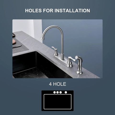 Brushed Nickel Pro Grade Two-Handle Kitchen Faucet With Side Sprayer For 4-Hole Kitchen Sink, High Arc 360 Degree Spout, installed