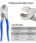 Close-up of a professional cable cutter with blue handles, part of the All In One Cable Lug Crimping Tool Kit and specifications.