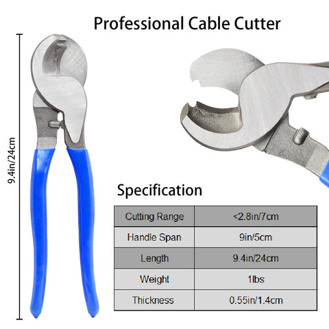 Close-up of a professional cable cutter with blue handles, part of the All In One Cable Lug Crimping Tool Kit and specifications.