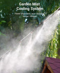 Garden mist cooling system spraying fine mist to reduce impurities and clogging with lush greenery in background