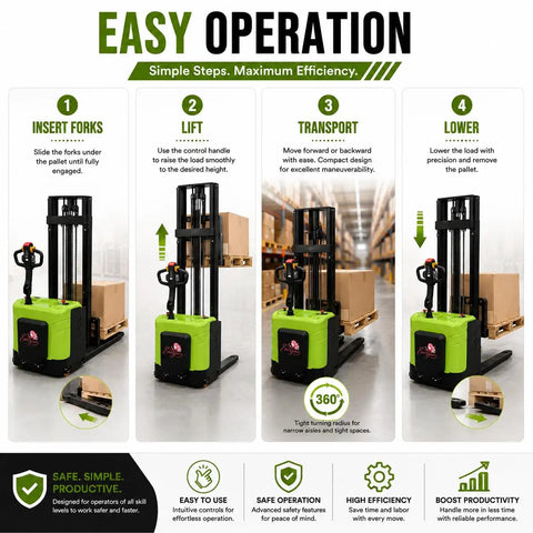 Heavy-Duty Electric Stand-On Pallet Stacker With Two-Stage Mast And 1.5-Ton Capacity shown in easy operation steps.