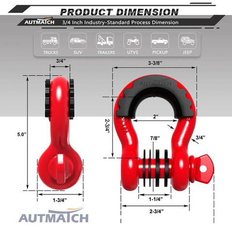 Heavy Duty Three Quarters Inch D Ring Shackle Set, 2 Pack, 41,887 Lbs Break Strength, Seven Eighths Inch Screw Pin, dimensions display