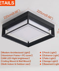 Square Flush Mount Outdoor LED Ceiling Light Fixture 9 Inch 120V 24W 3000K Black Waterproof For Wet Areas Porch Patio Coastal Ready Rust Resistant Aluminum And PC Shade