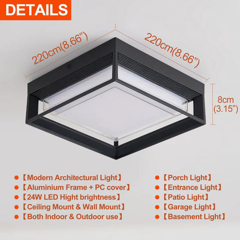 Square Flush Mount Outdoor LED Ceiling Light Fixture 9 Inch 120V 24W 3000K Black Waterproof For Wet Areas Porch Patio Coastal Ready Rust Resistant Aluminum And PC Shade
