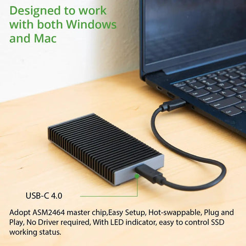 Blazing Fast Portable Nvme Usb4 Type C External Ssd Drive With Rock Solid Aluminum Enclosure and USB-C connection to laptop.